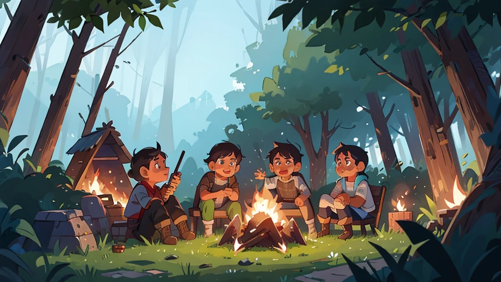 inspiring; Javier talking to villagers; around a campfire; Medium shot