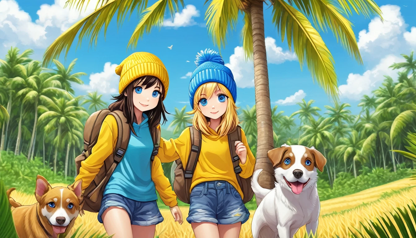 Anime Girls (((Yellow Backpack))) and (((Four dogs in a coconut tree field))), ((((Blue Eyed Girl)))), (((The girl is wearing a beanie hat))), Cute and detailed digital art, Adorable digital painting, ((((Character&#39;s front camera)))), Gweiz-style artwork, Realistic Anime 3D Style, Anime Styled 3d, かわいい3DAnime Girlsのレンダリング, Created by Anime Painter Studio, Anime Style. 8k, Art Station Children&#39;s Art, Cute girl anime visuals,
