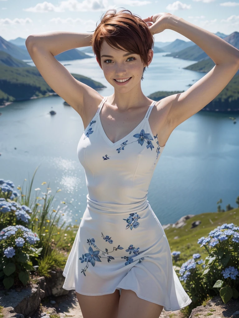slim feminine figure, redhead, freckles, best quality, realistic skin texture, photography, detailed facial features, film grain texture and high contrast, extremely high-resolution details, photographic, photorealistic, hyper-realistic, HDR, masterpiece, ((short pixie hair)), a white flowy summer dress ((with lots of blue flower prints and a v-neck)), standing on view point in the Norwegian mountains with a magnificent view, very happy, smiling, arms out in the air, celebrating, (thin waist), (wide hips), ((small to medium firm round breasts))