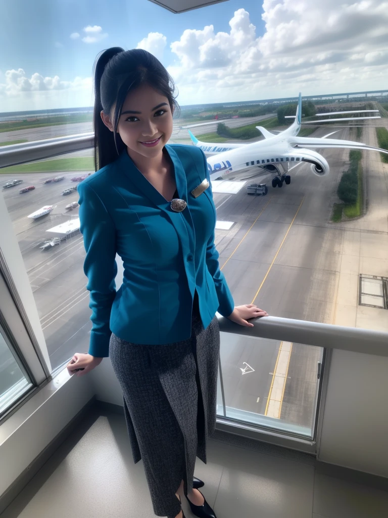 1girl, solo, 19 years old, standing, in the middle of a large airport, seductive pose, thick medium breasts, fit body, smooth realistic skin, cute little smirk, wearing flight attendant uniform, looking at the audience, (overhead shot:1.2), (zoom-out:1.4), (8k, RAW photo, best quality, masterpiece: 1.4), (realistic, realistic: 1.37), ultra-high resolution, cowboy shot