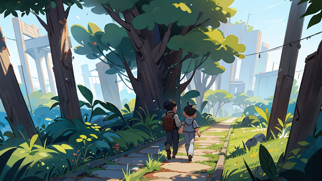 sage; Javier and the young man walking together; path; view from behind
