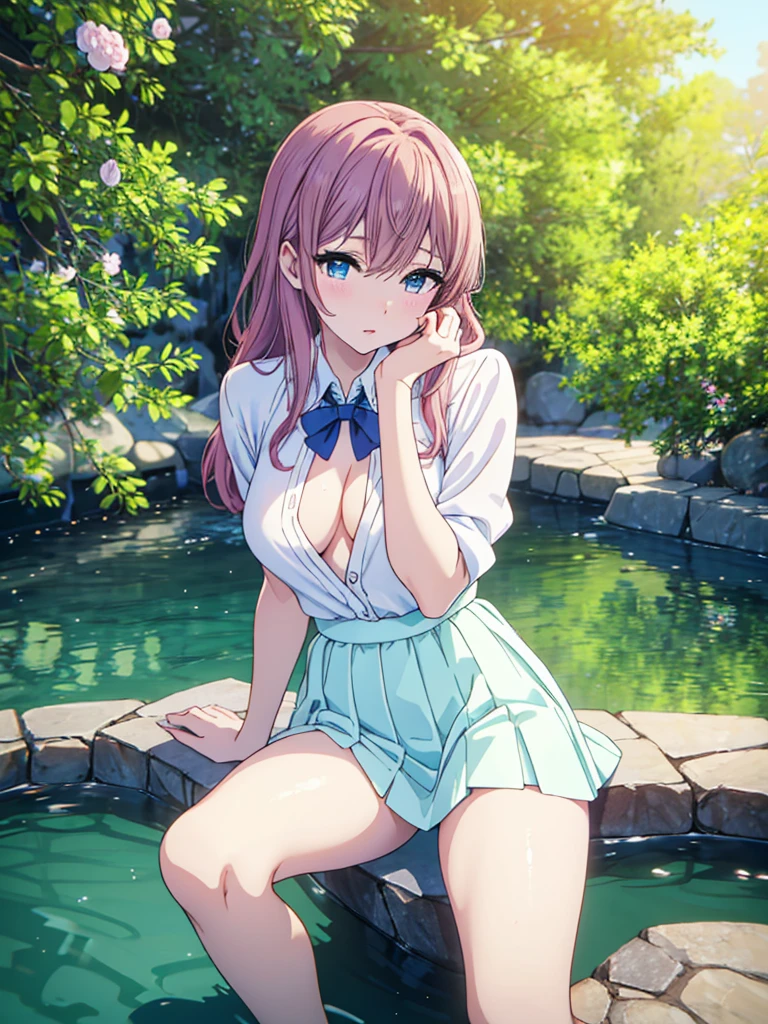 one pretty woman, face detailed, high qualiy, realisitic, foto realisitic: 1,37, (best qualityer, 4K, 8k, high resolution, Masterpiece artwork: 1,2), (((Shouko Nishimiya))), eyes browns, ultra detailed down to the smallest detail, bright coloured, natural lighting, detailed lips, details Intricate , pele realisitic, gorgeous eyes, long eyelashes, delicate features, feminine expression, flawless complexion, elegant pose, natural lighting, softfocus, Warm Color Palette, fully body, she is very sexy half naked with a very sexy blue school skirt showing off her beautiful legs and her pink panties and a white shirt with a wide blue collar and a blue bow slightly showing off her breasts in a sensual cleavage she is on top of a small bridge feeding the fish with a piece of bread with small trees and flowers around it and a beautiful city around it 