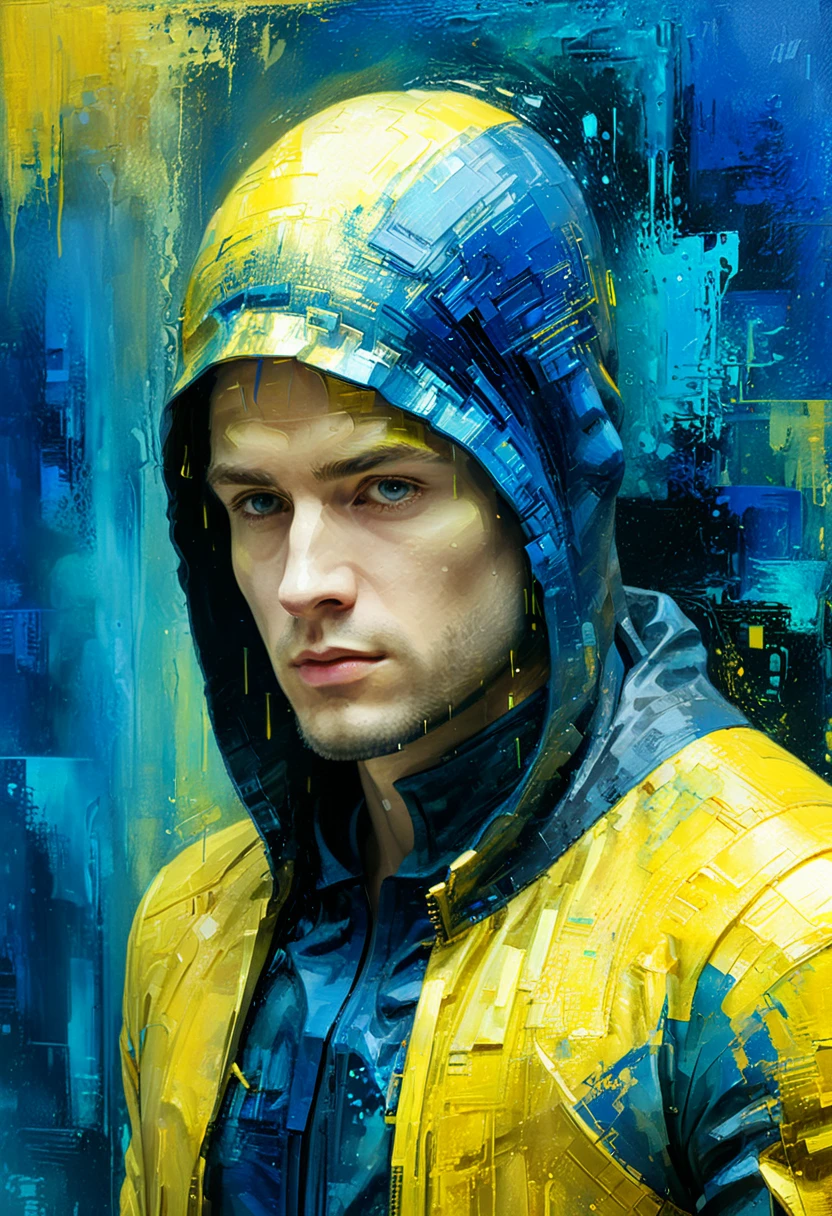Mysterious man hacker, coding screen, royal blue, golden yellow, blue and yellow painting with high relief texture, 4D, 8k, high tech, futuristic, photorealism, abstract impressionism, art por Jeremy Mann