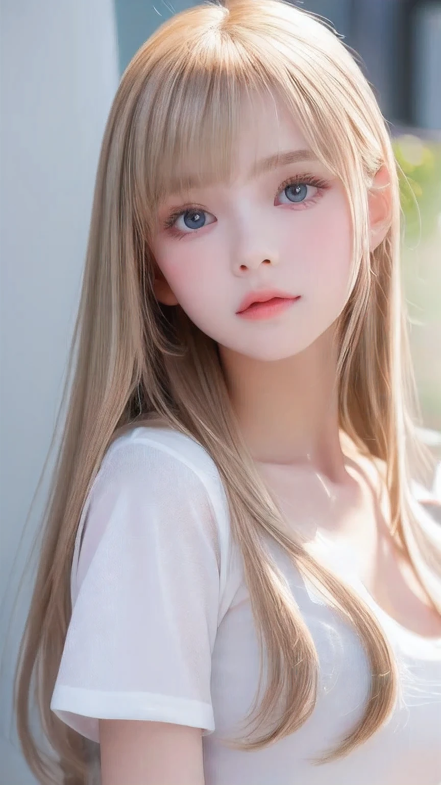 Unparalleled beauty, Extremely white, firm and lustrous skin, Bangs between the eyes, Bangs over both eyes、Beautiful shiny, straight, natural platinum blonde, Super long, straight, silky, beautiful blonde hair, eyeliner, A truly beautiful girl、Sexy beautiful innocent 14 years old, Beautiful, large, light blue eyes that sparkle like jewels., Beautiful and lovely girl, Baby Face, Short sleeve shirt、Large bust、Small Face Beauty、Round face、Cheek highlighter