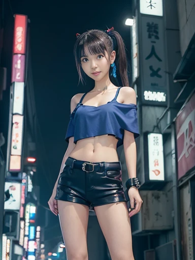 Japanese female, (underweight), (flat chest best quality:1.5), (cheerful grin:1.2),
noisy, standing, legs spread, ponytail, (red off shoulder top), shorts, black boots, in the city, (((cyberpunk))), from below, (dust effect), (blue hour)