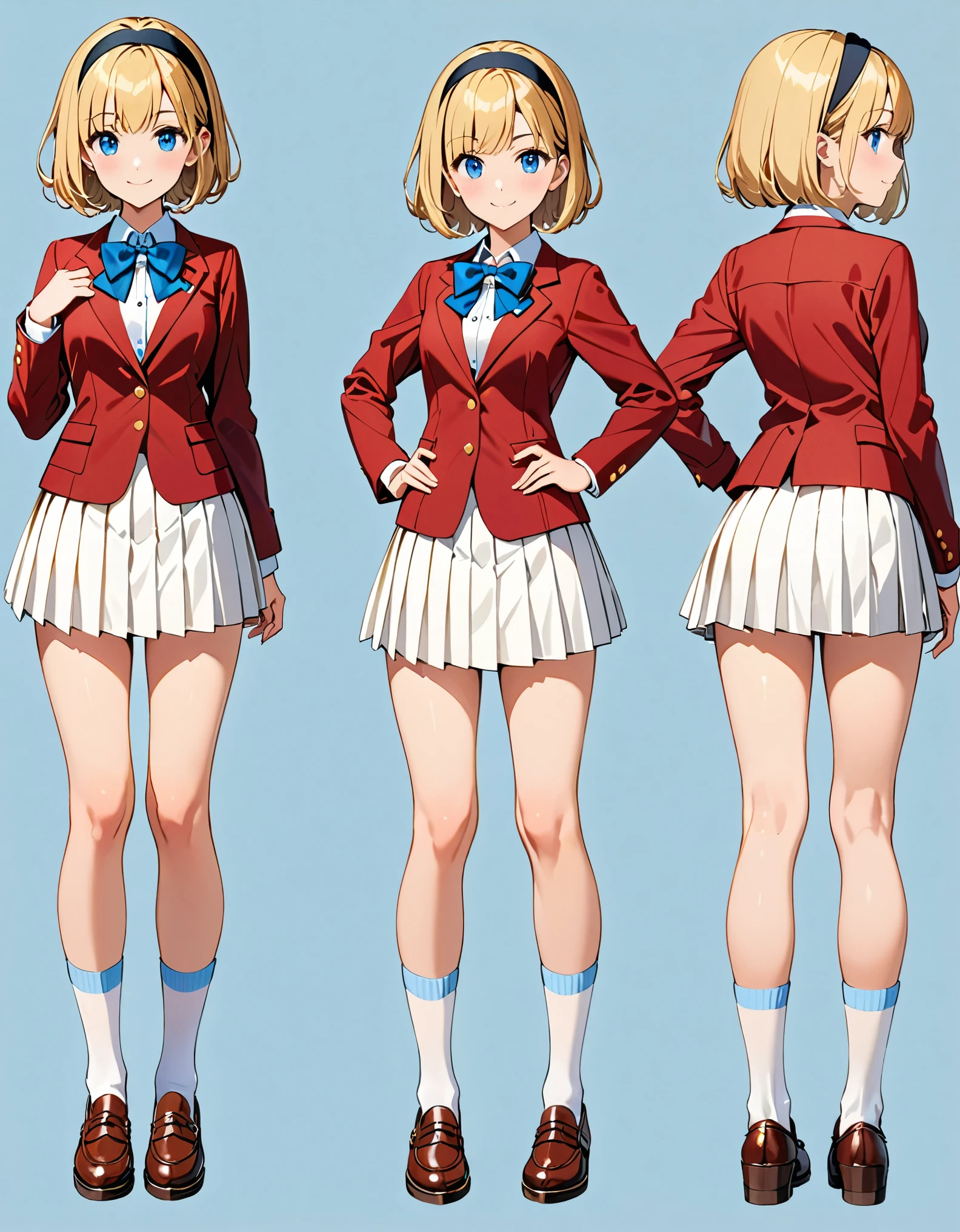 (masterpiece), (best quality), (hires), highly detailed, 1girl, age 16, high school girl, (bangs, blonde hair, bob hair), ((black headband)), blue eyes, beautiful detailed eyes, beautiful detailed face, cute face, perfect hands, complete fingers, perfect anatomy, perfect proportions, (bow, bowtie. blue bowtie), full body, hand on hip, hands on hips, (red jacket), looking at viewer, (skirt, white skirt, pleated skirt, miniskirt) bare legs, shirt, white shirt, socks, white socks, brown shoes, solo, solo focus, standing, smile. Simple background, Multiple Views, Character Sheet Full-Length.