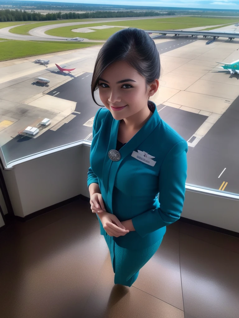 1girl, solo, 19 years old, standing in the middle of a large airport, seductive pose, thick medium breasts, fit body, smooth realistic skin, cute little smirk, wearing flight attendant uniform, looking at the audience, (overhead shot:1.3), (zoom-out:1.4), (8k, RAW photo, best quality, masterpiece: 1.4), (realistic, realistic: 1.37), ultra-high resolution, cowboy shot