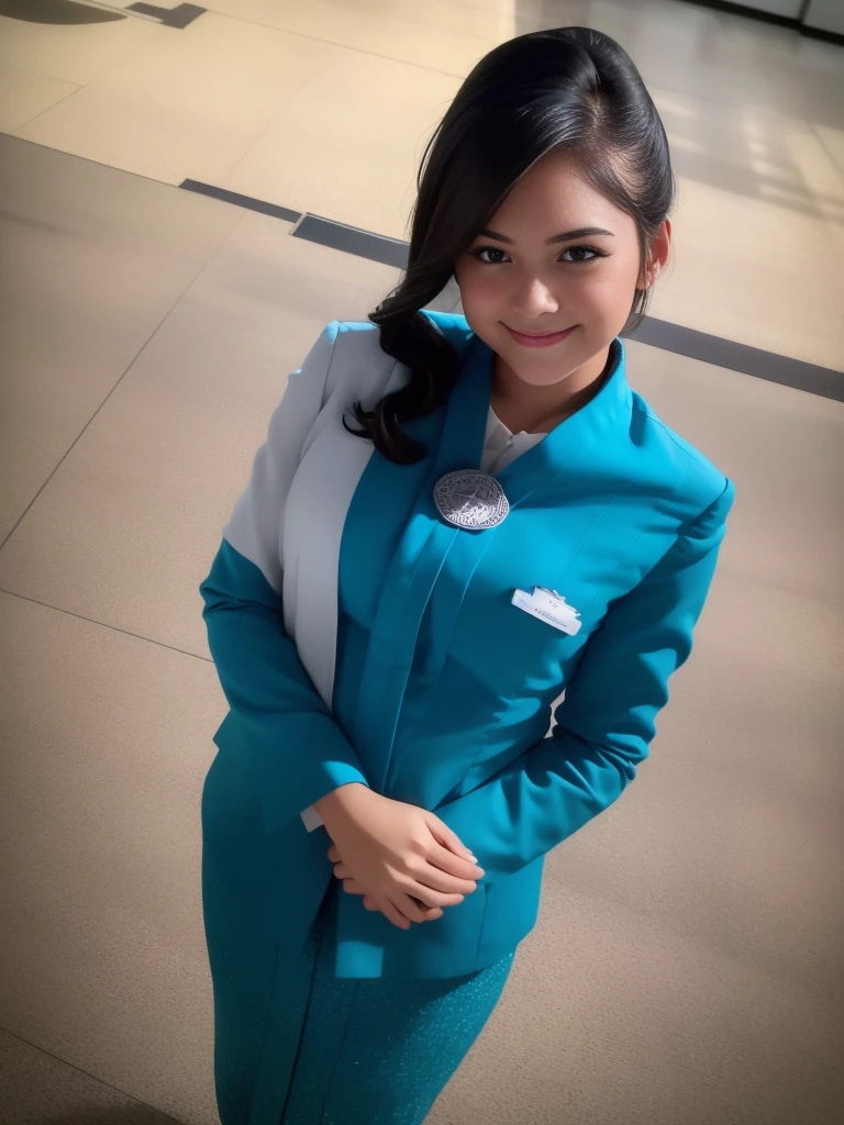 1girl, solo, 19 years old, standing in the middle of a large airport, seductive pose, thick medium breasts, fit body, smooth realistic skin, cute little smirk, wearing flight attendant uniform, looking at the audience, (overhead shot:1.3), (zoom-out:1.4), (8k, RAW photo, best quality, masterpiece: 1.4), (realistic, realistic: 1.37), ultra-high resolution, cowboy shot