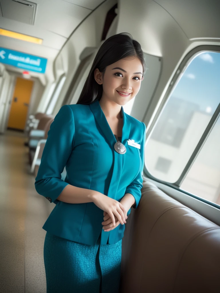 1girl, solo, 19 years old, standing in the middle of a large airport, seductive pose, thick medium breasts, fit body, smooth realistic skin, cute little smirk, wearing flight attendant uniform, looking at the audience, (overhead shot:1.3), (zoom-out:1.4), (8k, RAW photo, best quality, masterpiece: 1.4), (realistic, realistic: 1.37), ultra-high resolution, cowboy shot