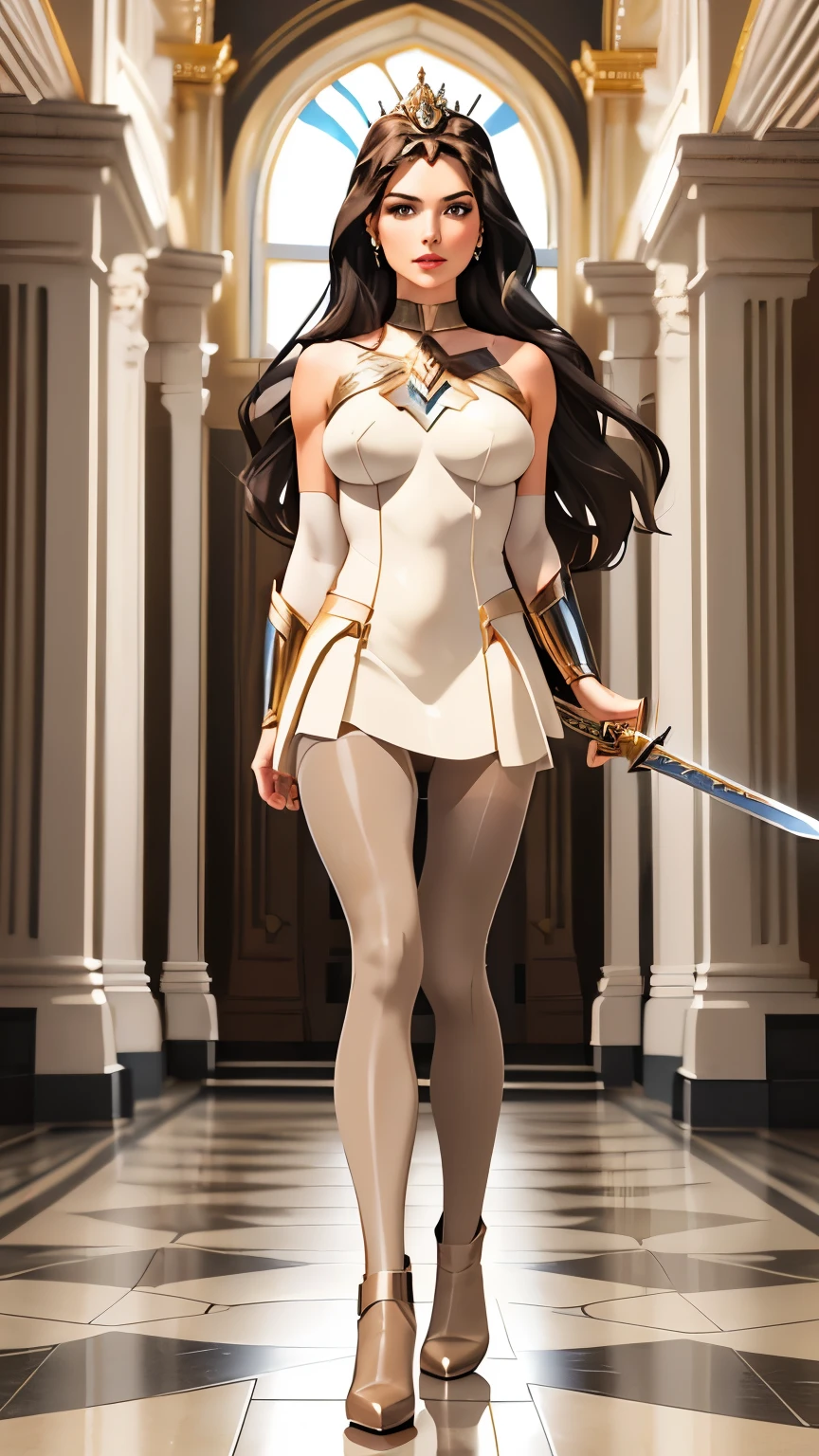 1 girl, (young Wonder Woman:1.1), (ideal female body:1.2), perfect body, (a cream-colored mini-dress:1.3), (brown pantyhose:1.4), (huge breasts:1.3), (low wedge heel booties:1.1), long straight black hair, (right hand raising a sword:1.3), backdrop of a grand marble hallway, (small hips:1.1), small butt, (thin:1.1), skinny girl, short, (155 centimeters tall:1.2), athletic, detailed face, detailed skin, diamond encrusted platinum tiara, (walking towards the viewer:1.2), masterpiece, natural lighting, 8k, HDR, amazing details, hyper-realistic, photorealistic,