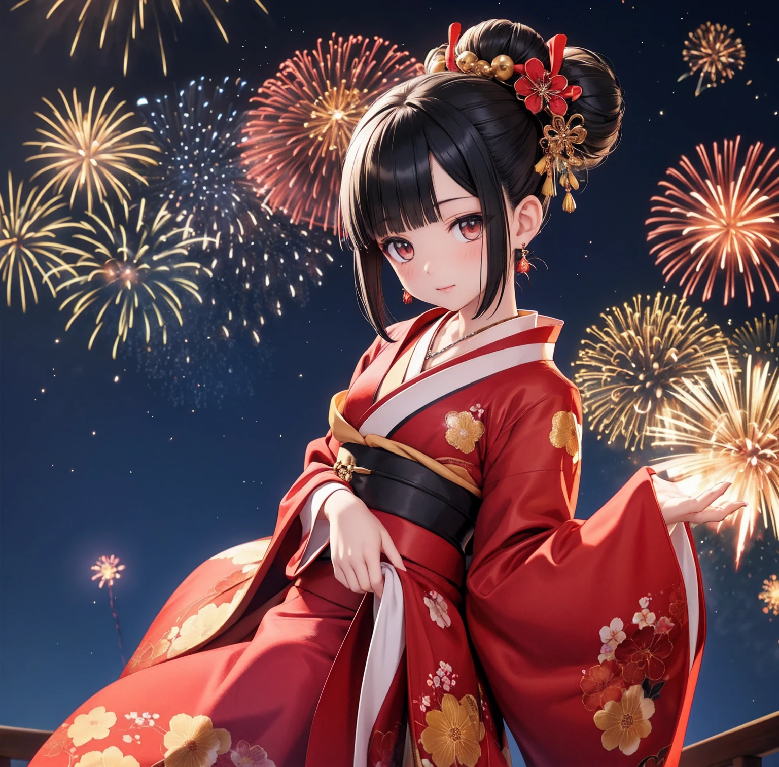 1 person、Gorgeous Kimono、,Race,Black Hair、Short bun hair、hair ornaments、necklace、return、Anatomically correct,Fireworks in the night sky、