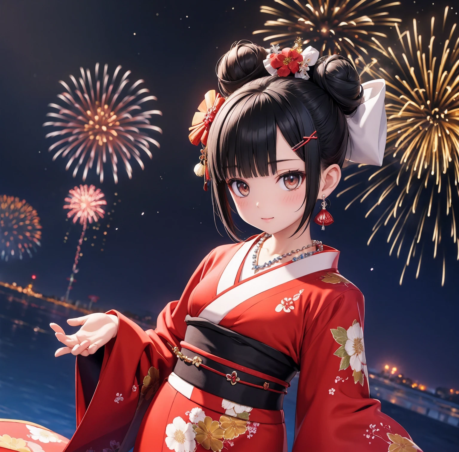 1 person、Gorgeous Kimono、,Race,Black Hair、Short bun hair、hair ornaments、necklace、return、Anatomically correct,Fireworks in the night sky、