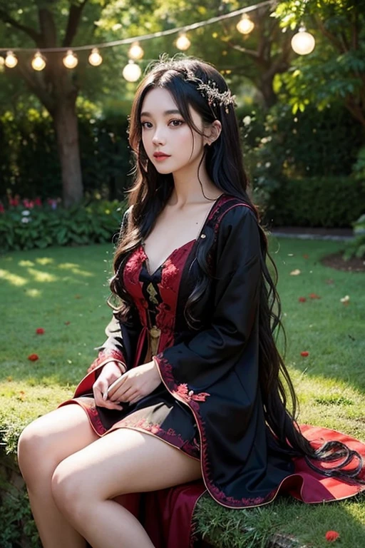 Girl with black wavy hair, wearing a red fairy gown, sitting on a garden, with lights bubls hanging on trees. Evening vibes