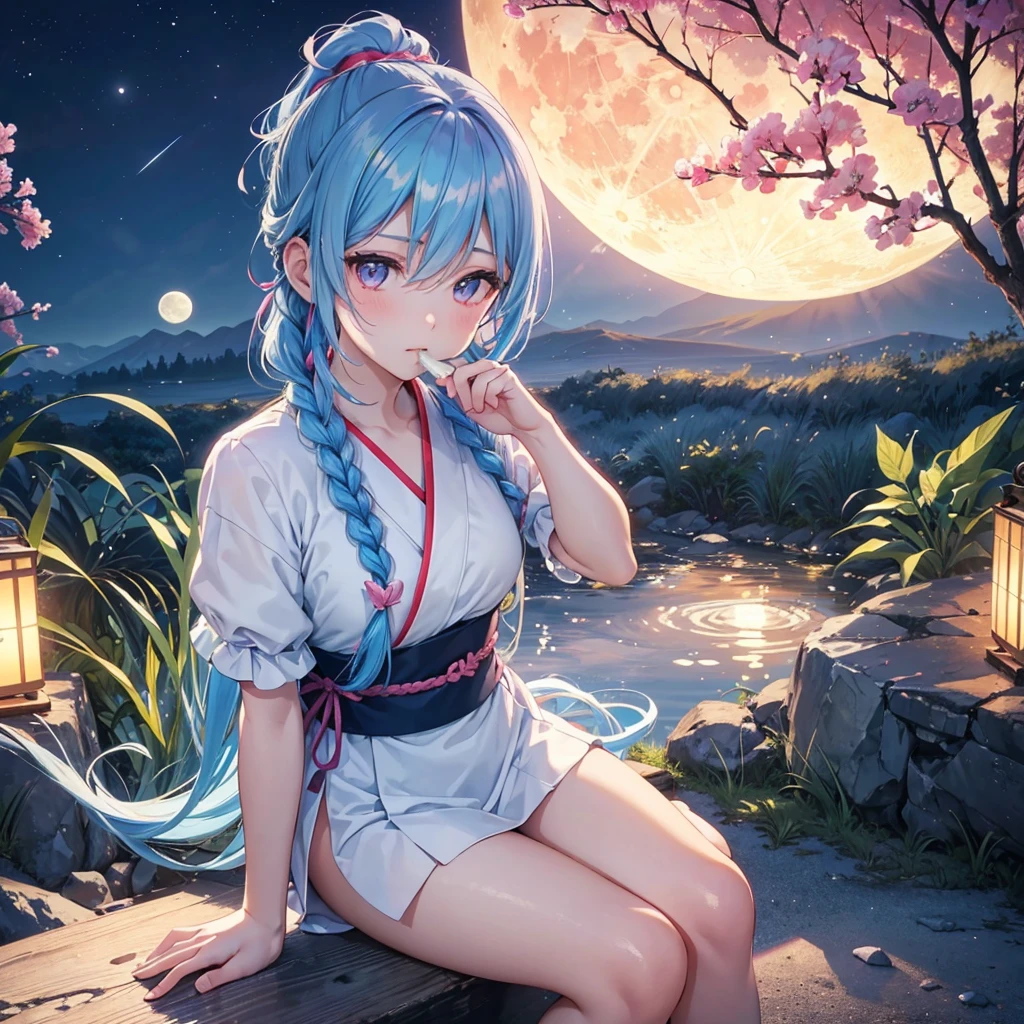 Sky blue hair, (Braided Ponytail:1.2), Pink eyes,Fair skin ,(whole body),(One Girl),Tsukimi,(White sweet dumplings ),White round dumplings,Japanese pampas grass,(beautiful, Full moon shining in the night sky),(masterpiece, Highest quality, Very detailed, Best Shadow), (Detailed Background), (Beautifully detailed face), High Contrast, (Best lighting, Very delicate and beautiful), ((Cinematic Light)), colorful, Hyper Detail,8k, Dramatic Light, Intricate details,Sit and eat dumplings while watching the moon,(Shadow of a rabbit on the moon),mysterious