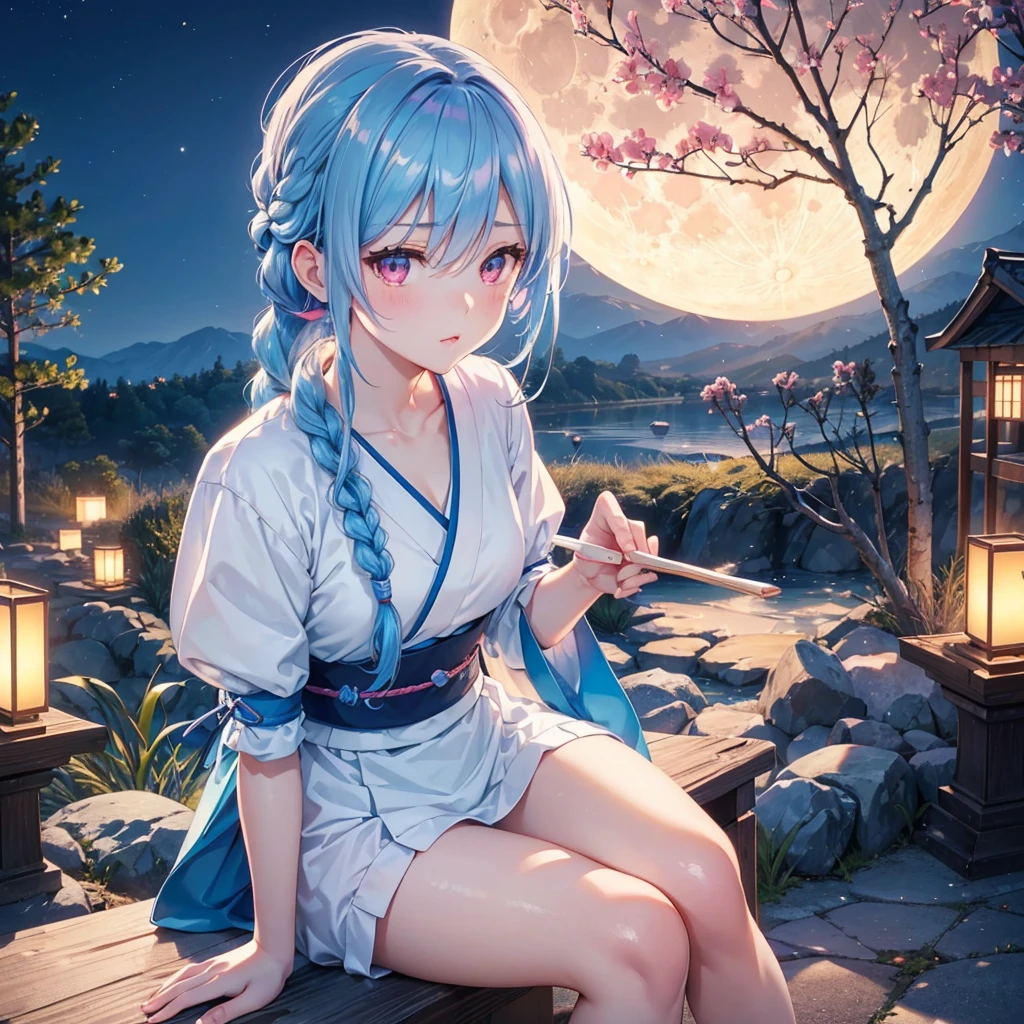 Sky blue hair, (Braided Ponytail:1.2), Pink eyes,Fair skin ,(whole body),(One Girl),Tsukimi,(White sweet dumplings ),White round dumplings,Japanese pampas grass,(beautiful, Full moon shining in the night sky),(masterpiece, Highest quality, Very detailed, Best Shadow), (Detailed Background), (Beautifully detailed face), High Contrast, (Best lighting, Very delicate and beautiful), ((Cinematic Light)), colorful, Hyper Detail,8k, Dramatic Light, Intricate details,Sit and eat dumplings while watching the moon,(Shadow of a rabbit on the moon),mysterious