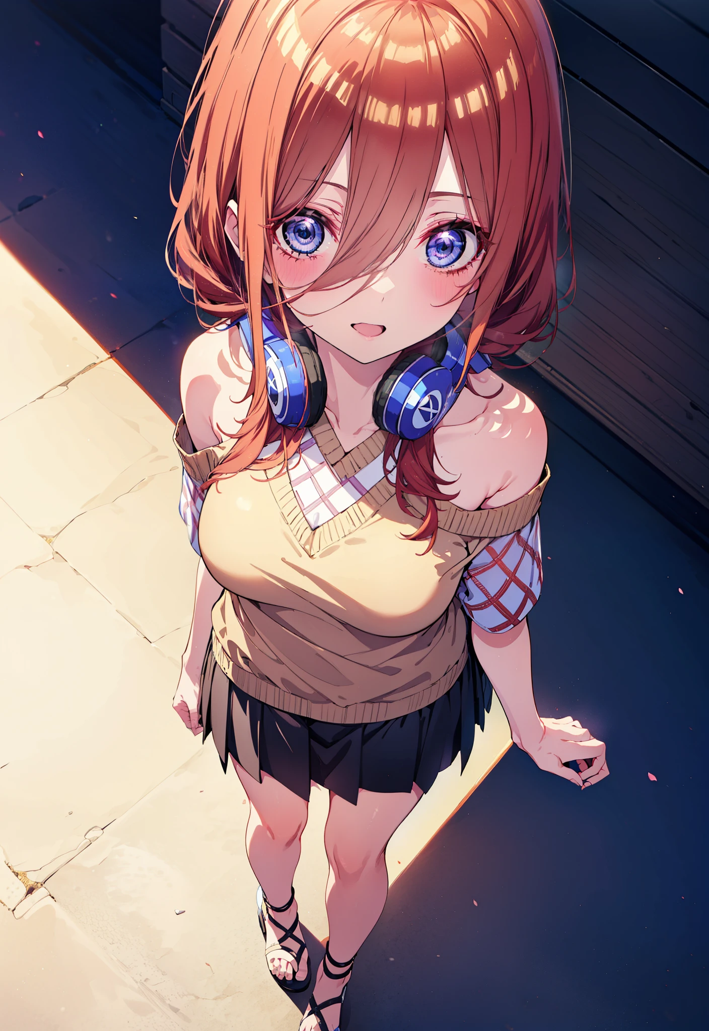 Miku Nakano, miku nakano, Long Hair, bangs, blue eyes, Brown Hair, shirt, Hair between the eyes, Headphones around neck,happy smile, smile, Open your mouth,One-shoulder sweater,Short sleeve,mini skirt,Heeled Sandals,Walking,morning,morning陽,Clear skies,whole bodyがイラストに入るように,
break outdoors, Building district,
break looking at viewer,whole body,
break (masterpiece:1.2), Highest quality, High resolution, unity 8k wallpaper, (figure:0.8), (Beautiful attention to detail:1.6), Highly detailed face, Perfect lighting, Highly detailed CG, (Perfect hands, Perfect Anatomy),