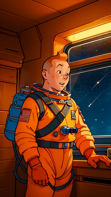 (Teens:1man: Tintin), (extremely detailed CG unit 8k wallpaper),(master part), (best quality), (ultra detali), (best illustration),(j_cartoon), cowboy shot, (Sharp eyeliner, ombre, detailed eyes:1),Dark space station interiors background, ,break , (astronaut in an orange space suit), upper body, short hair, orange hair