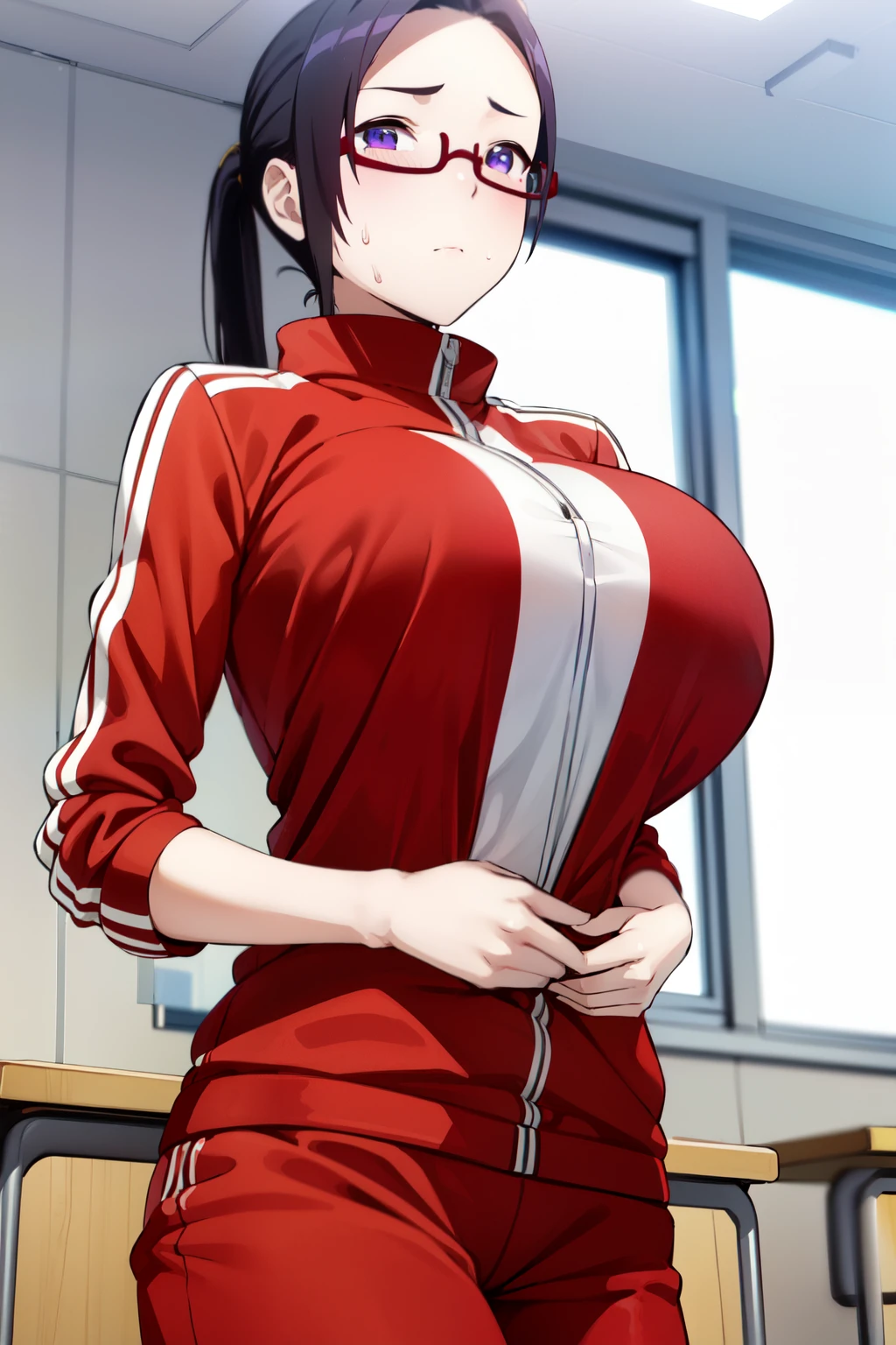 sackcloth, sakie satou, long hair, black hair, (purple eyes:1.1), ponytail, glasses, semi-rimless eyewear, red-framed eyewear, under-rim eyewear,(large breast:1.4),huge breast,round breast,ample breast,busty,full bust,((skinny body)),(thin_Waist:1.4),Slender,delicate,(thin手足),sweat,breath,blush,
BREAK jacket, track jacket, track suit, (red jacket:1.3)
BREAK indoors, classroom,
BREAK looking at viewer, (cowboy shot:1.5),
BREAK (masterpiece:1.2), best quality, high resolution, unity 8k wallpaper, (illustration:0.8), (beautiful detailed eyes:1.6), extremely detailed face, perfect lighting, extremely detailed CG, (perfect hands, perfect anatomy),(breast focus),breast close-up