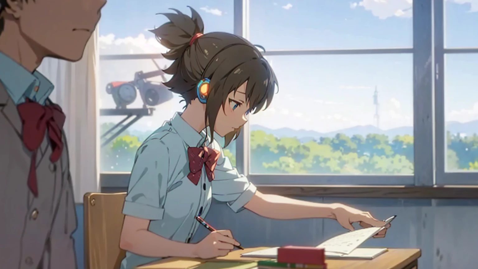 Anime girl sitting at a desk writing with headphones on,Anime scene of a girl sitting at a desk and writing in a notebook, yourname movie style, yourname, Anime movie stills, Anime movie screenshots, Anime movie screenshots, Makoto Shinkai style, Studio Greeble Makoto Shinkai, Today's featured anime is still, Anime still film Anime colored paper, A still from the anime, Scenes from animated movies、8K
