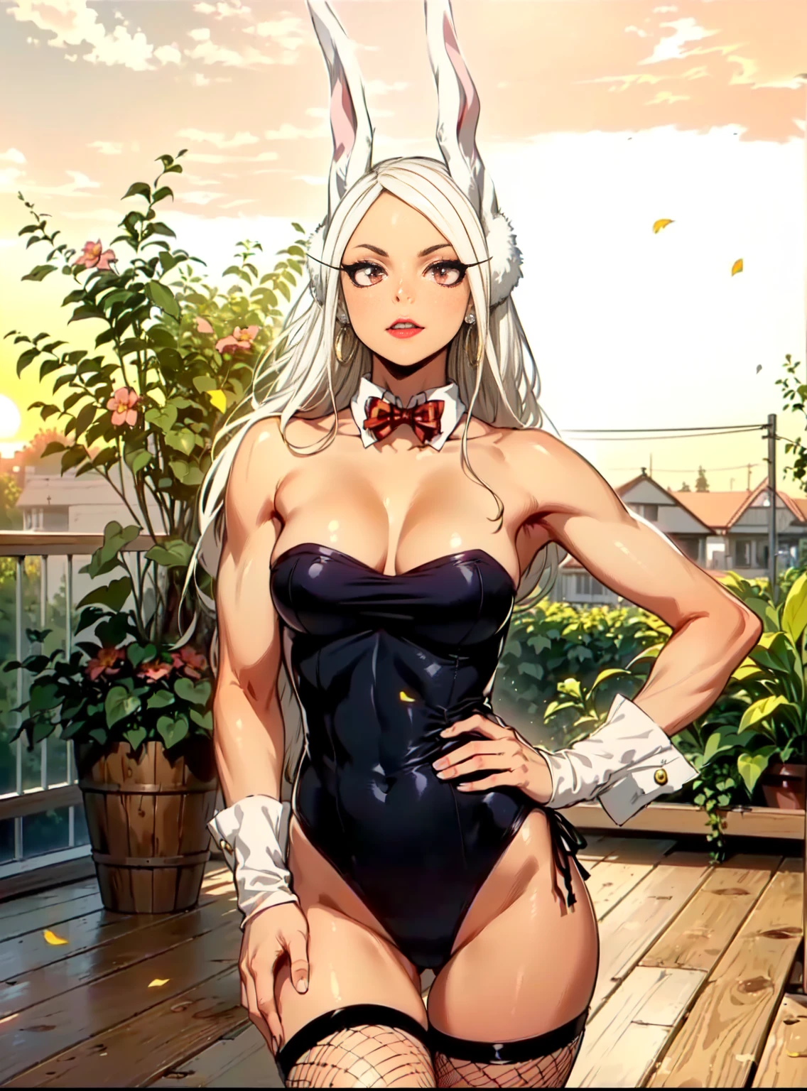 (((1girl, solo, mirko, mirkomha, boku no hero academia, (white hair, red eyes, long hair, rabbit ears, dark skin), lipstick, gold earrings, muscular, fitness)), sensual pose, Beautiful, diamond necklace)), ((solo, 1woman, pink lipstick, Extremely detailed, ambient soft lighting, 4k, perfect eyes, a perfect face, perfect lighting, a 1girl)), austere, ((fitness,, shapely body, athletic body, toned body)), ((bunny costume, playboy bunny, fishnet stockings, black swimsuit, bow tie, gazebo, sunset, forest, potted plant, flowers, wooden deck))