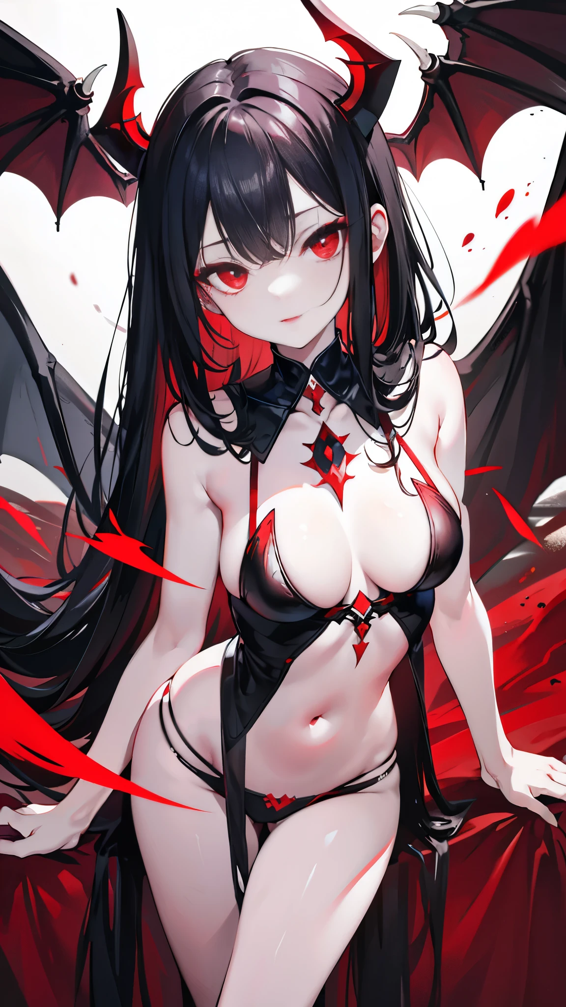 Dark style, black hair, white skin, red eyes, long hair, bangs，underwear，succubus