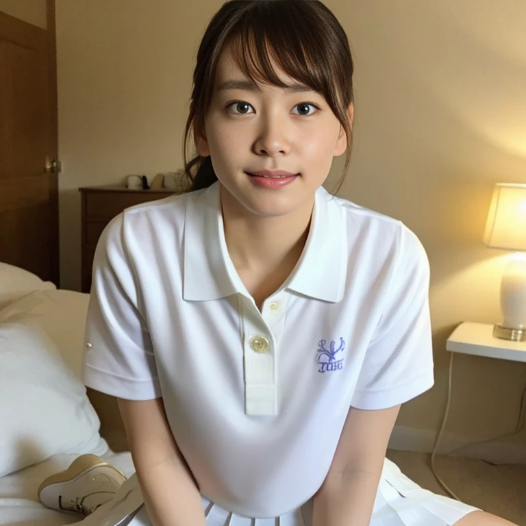 (Masterpiece, Best quality: 1.4), (Ultra realistic, Photo-realistic: 1.2), Full body, (kneeling: 1.3), Looking at viewer, Natural light, 28 years old actress, Japanese women, (arms behind back: 1.2), Neat and clean, ((Wearing white tennis uniform, White polo shirt with collar, Not buttoning the polo shirt, White pleated tennis skirt: 1.2)), (ponytail: 1.2),  Light brown hair color, (Beautiful Face), Oval face, clear, (Beautiful eyes, Kind eyes), (Clear skin), Small face, (Small mouth, Beautiful mouth), Natural makeup, Approachable, Hotel Suite room,On bed, Seductive smile, Seductive pose, Wearing white tennis shoes, White ankle socks, Beautiful thighs, Bedroom eyes, spread legs,