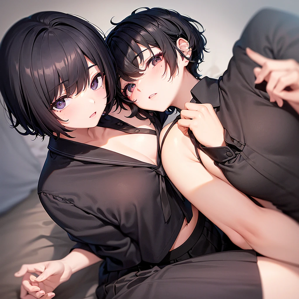 Haruna Sairenji,2girls,twins,Sairenji Haruna,little angry,grabbing breasts,topless,lesbians,riding,bust up,short hair,Looking at each other,mouth half open,scramble,Half-close your eyes,Oily,Sweaty,Mounting location,little angry,Tau Pose,Grab your chest,close your eyes,Sleep on your back,scuffle,in blurry background,Breast Matching