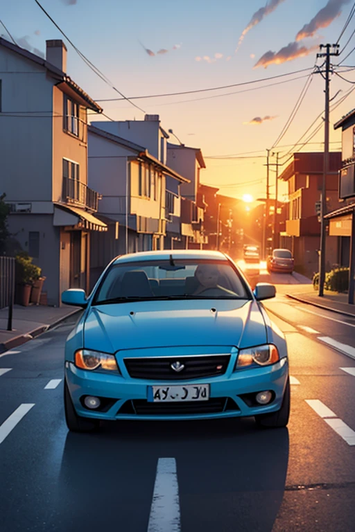 illustration of a boy driving a blue car on a road showing the sunset, in counterplane