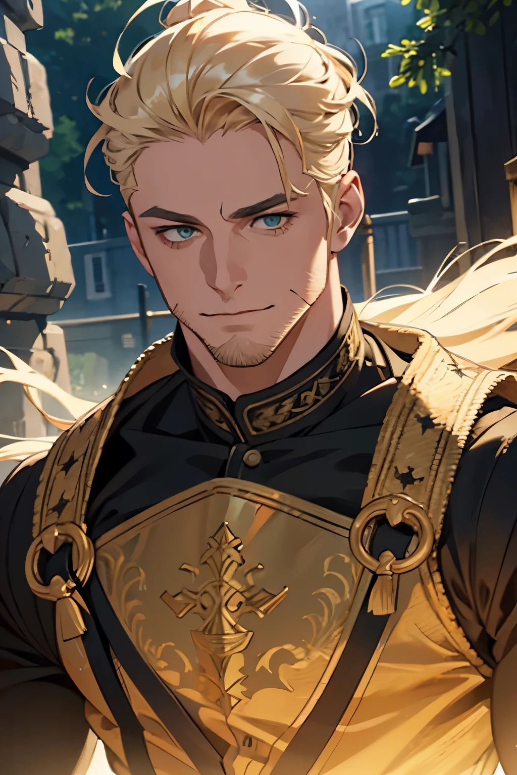 a 30 year old man, blonde hair, bun hairstyle, green eyes, happy smile, light beard, children's playground background, detailed facial features, intricate hairstyle, muscular physique, dynamic pose, cinematic lighting, dramatic shadows, cinematic colors, photorealistic, by greg rutkowski, artstation, concept art, 8k, highres, detailed description, hyperrealistic, ultra-detailed