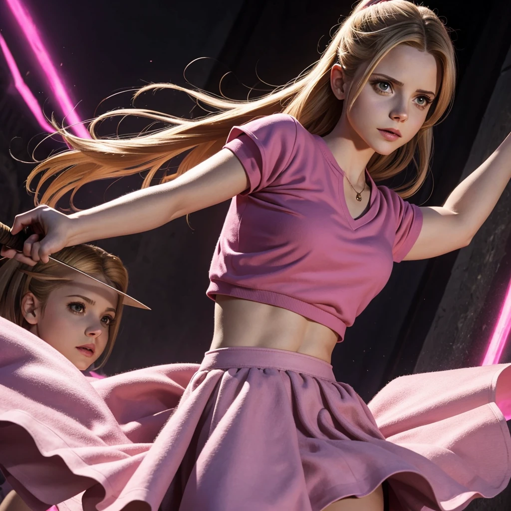 Buffy the vampire slayer in a pink skirt