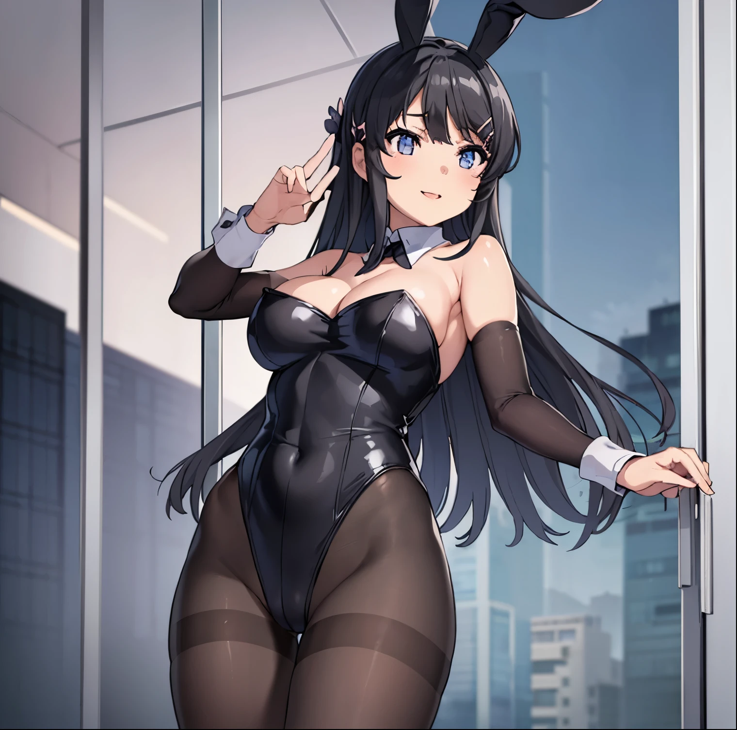 ((1girl)),((alone)),mai sakurajima,(masterpiece), (best quality), (ultra detailed), (best illustration), (best shadow), (absurdities), sharp focus, cowboy shot , dynamic posture looking at the viewer, big breasts, narrow waist, wide hips, wide thighs, round butt, erotic, romantic, (very detailed eyes, lips 1.1), very detailed eyes, eyes, Very detailed face, Very beautiful face, height full, beautiful slim figure, femininity, expressive appearance, elastic big breasts, sexuality, long black hair, bangs, hair barrette, blue eyes, hair barrette, hair ornaments, black rabbit ears, (costume black bunny), black pantyhose, strapless leotard, bare shoulders, bare arms, (cleavage, big breasts), defined body, perfect and beautiful body, perfect and beautiful, closed mouth, smile, happy smile, blushing, (sexy pose: 1.2), ((solo)), standing: 1.3, indoor, bedroom, night, full moon, city, city lights, window, looking forward, ((focus on breasts)), point of view: (from middle), perfect anatomy, perfect hands