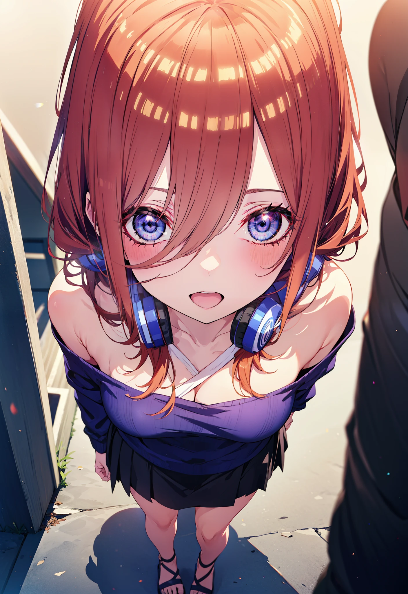Miku Nakano, miku nakano, Long Hair, bangs, blue eyes, Brown Hair, shirt, Hair between the eyes, Headphones around neck,happy smile, smile, Open your mouth,One-shoulder sweater,mini skirt,Heeled Sandals,Walking,morning,morning陽,Clear skies,whole bodyがイラストに入るように,
break outdoors, Building district,
break looking at viewer,whole body, 
break (masterpiece:1.2), Highest quality, High resolution, unity 8k wallpaper, (figure:0.8), (Beautiful attention to detail:1.6), Highly detailed face, Perfect lighting, Highly detailed CG, (Perfect hands, Perfect Anatomy),