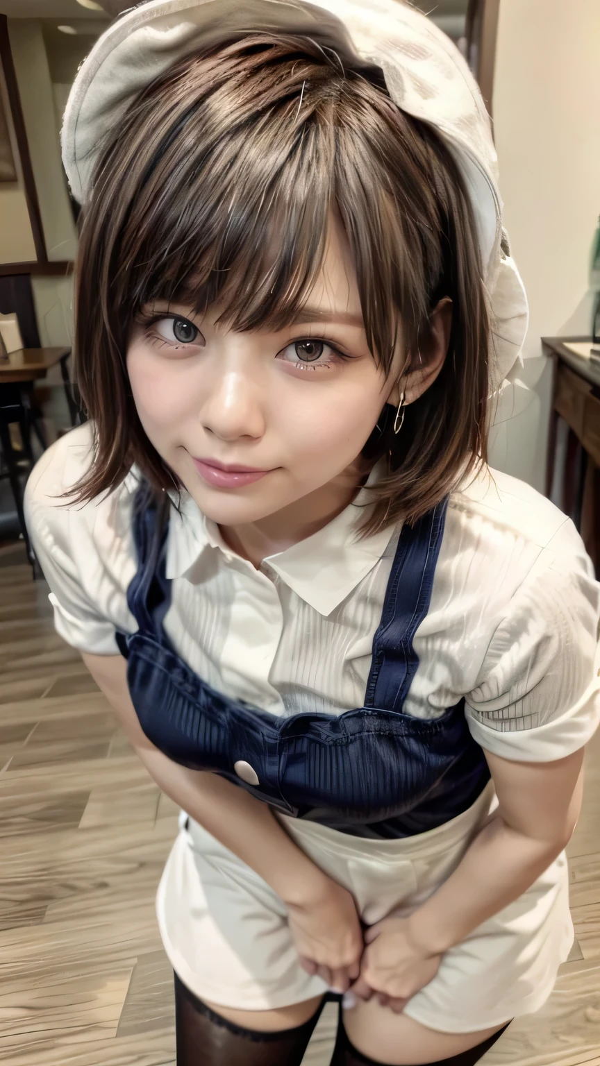 (Standing in a Japanese cafe、Maid café clerk、A girl dressed as a maid、)、(Realistic、Like a photograph、Live Action、8k, Realistic, RAW Photos, Best image quality: 1.4), Single-lens reflex camera、RAW Photos, Highest quality, Realistic, Highly detailed CG Unity 8k wallpaper, Written boundary depth, Cinematic Light, Lens flare, Ray Tracing, Realistic background、(Wearing maid uniform:1.2、Mini skirt maid outfit:1.4、Wear clothes that accentuate your bust size:1.3、Apron over skirt:1.5、Over the knee socks:1.2、Thin thighs)、Big Breasts、(Carrying coffee)、(short hair、Wear glasses)、Working in a cafe:1.4、((ultra high density skin))、 1 female,Cute Japanese Girl、Waitress at work、(whole body:1.5),Looking at the audience:1.1、Business Smile、Pay attention to the details、Perfect outfit、Earrings、(White skin)、Accurate Arm、Accurate legs、Anatomically correct body、Accurate fingering、(View from below)