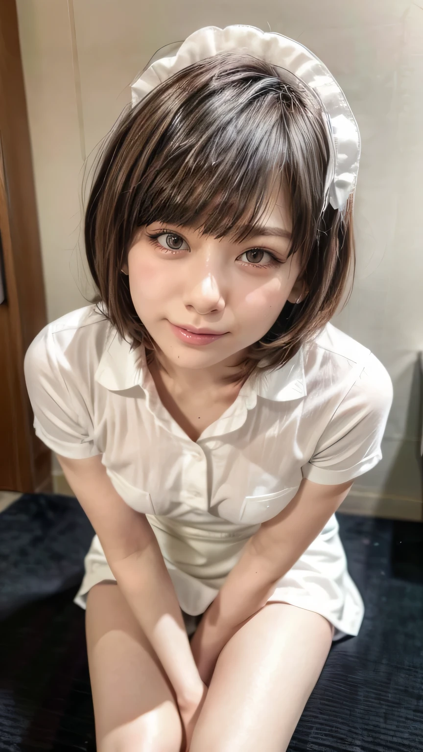 (Standing in a Japanese cafe、Maid café clerk、A girl dressed as a maid、17-year-old girl)、(Realistic、Like a photograph、Live Action、8k, Realistic, RAW Photos, Best image quality: 1.4), Single-lens reflex camera、RAW Photos, Highest quality, Realistic, Highly detailed CG Unity 8k wallpaper, Written boundary depth, Cinematic Light, Lens flare, Ray Tracing, Realistic background、(Wearing maid uniform:1.2、Mini skirt maid outfit:1.4、Wear clothes that accentuate your bust size:1.3、Apron over skirt:1.5、Over the knee socks:1.2、Thin thighs)、Big Breasts、(Carrying coffee)、(short hair、Wear glasses)、Working in a cafe:1.4、((ultra high density skin))、 1 female,Cute Japanese Girl、Waitress at work、(whole body:1.5),Looking at the audience:1.1、Business Smile、Pay attention to the details、Perfect outfit、Earrings、(White skin)、Accurate Arm、Accurate legs、Anatomically correct body、Accurate fingering、(View from below)