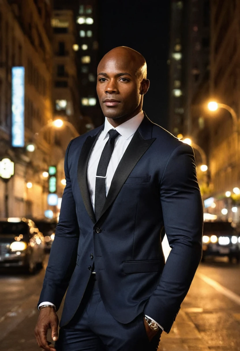 (punctuation_9), (punctuation_8_High above), (punctuation_7_High above), (punctuation_6_High above), (punctuation_5_High above), (punctuation_4_High above)
A handsome, muscular, bald, dark-skinned African man+ (black male)+, Alert, wearing an open suit_collared_chemise, on a city street at night.
(face perfect, expressive eyes)++
Coraggioso, noir classification_safe+, fountain_アニメ+, fountain_ShindoL+