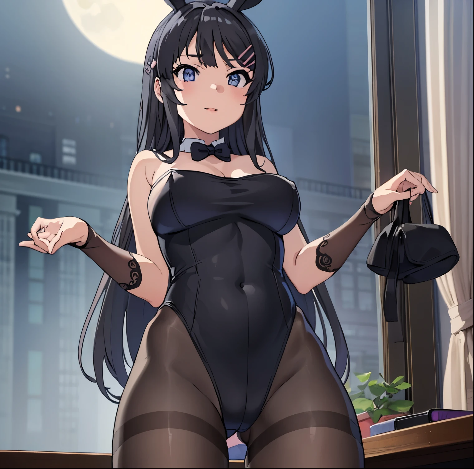 ((1girl)),((alone)),mai sakurajima,(masterpiece), (best quality), (ultra detailed), (best illustration), (best shadow), (absurdities), sharp focus, cowboy shot , dynamic posture looking at the viewer, big breasts, narrow waist, wide hips, wide thighs, round butt, erotic, romantic, (very detailed eyes, lips 1.1), very detailed eyes, eyes, Very detailed face, Very beautiful face, height full, beautiful slim figure, femininity, expressive appearance, elastic big breasts, sexuality, long black hair, bangs, hair barrette, blue eyes, hair barrette, hair ornaments, black rabbit ears, (costume black bunny), black pantyhose, strapless leotard, bare shoulders, bare arms, (cleavage, big breasts), defined body, perfect and beautiful body, perfect and beautiful, closed mouth, smile, happy smile, blushing, (sexy pose: 1.2), ((solo)), standing: 1.3,indoor, bedroom, night, full moon, city, city lights, window, looking forward, ((focus on thighs)), point of view: (from below), perfect anatomy, perfect hands