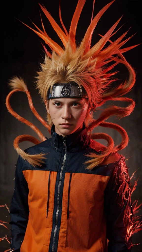 Create a hyper-realistic live-action depiction of Naruto Uzumaki from 'Naruto Shippuden,' portrayed as a young man with spiky blonde hair, transforming into his two-tailed Kyubi form. Naruto should be dressed in a rugged, lifelike version of his orange and blue ninja outfit, including a functional forehead protector. His appearance should show him mid-transformation, with two Kyubi tails emerging, and his body enveloped in a red chakra cloak that mimics the Kyubi’s aura. The red chakra should be depicted as a semi-transparent, fiery energy surrounding him, with detailed textures and lighting to make it appear lifelike. Focus on hyper-realistic textures for his skin, hair, and clothing, as well as the chakra cloak. Adjust the lighting and shadows to highlight the intensity of the transformation, with glowing red reflections cast on his surroundings. The background should feature a realistic, detailed landscape, possibly a forest or a battle setting, with realistic depth and perspective. Integrate realistic elements such as dynamic poses and lifelike details to avoid a 3D appearance. Apply subtle color adjustments and texture enhancements to make the scene look like a live-action photograph, blending all elements seamlessly."**