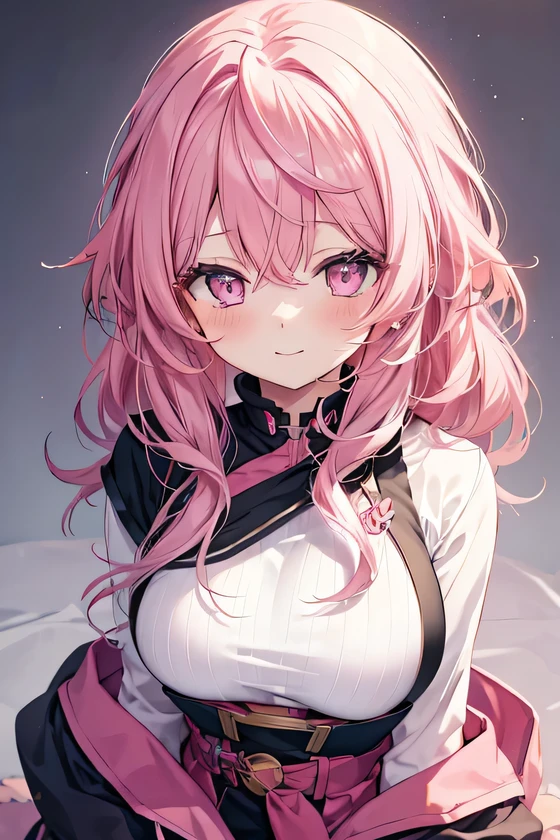 girl, cute anime girl, smile, pink hair, long hair, messy hair, pink eyes, blushing, girl, big tits, beautiful hair style, (((Best Quality: 1.4)))
