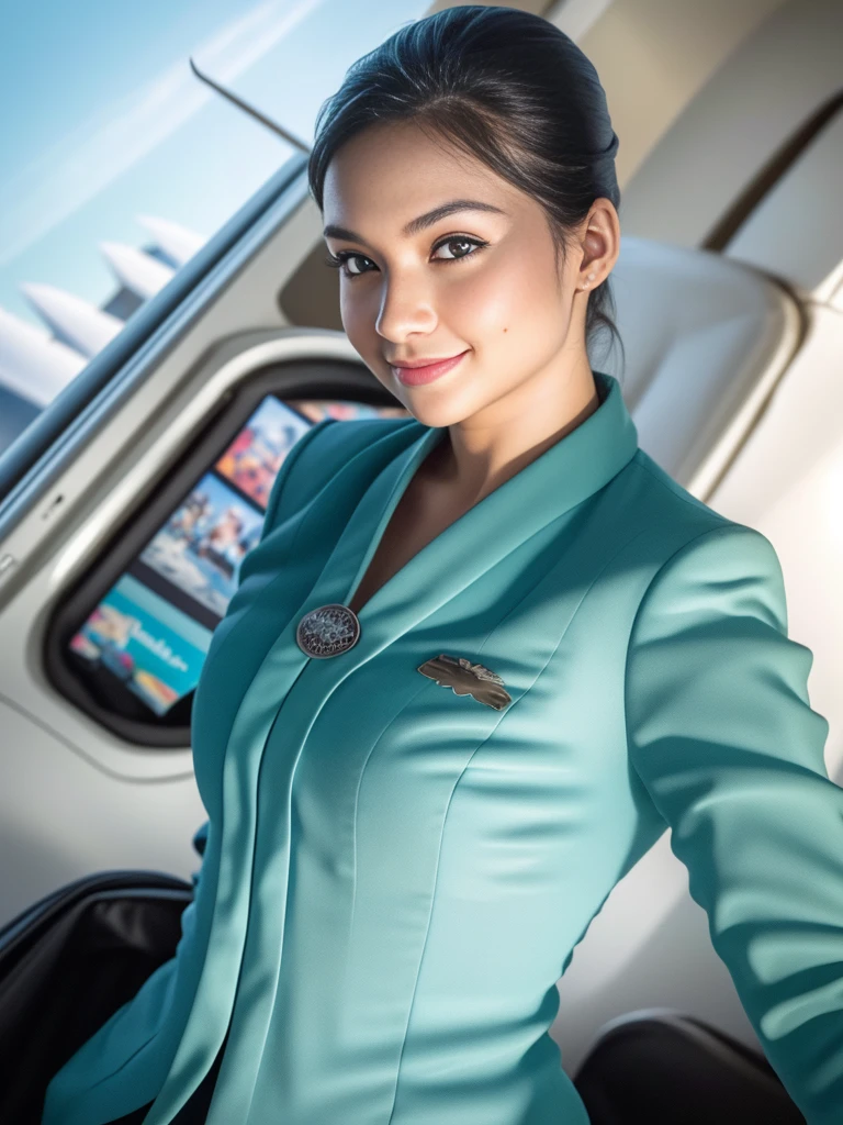 1girl, solo, 19 years old, standing in the middle of a large airport, seductive pose, thick medium breasts, semi-curvy body, smooth realistic skin, cute little smirk, wearing flight attendant uniform, looking at the audience, (overhead shot:1.3), (zoom-out:1.4), (8k, RAW photo, best quality, masterpiece: 1.4), (realistic, realistic: 1.37), ultra-high resolution, cowboy shot