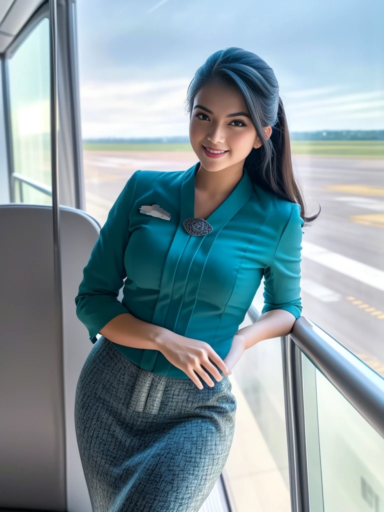 1girl, solo, 19 years old, standing in the middle of a large airport, seductive pose, thick medium breasts, semi-curvy body, smooth realistic skin, cute little smirk, wearing flight attendant uniform, looking at the audience, (overhead shot:1.3), (zoom-out:1.4), (8k, RAW photo, best quality, masterpiece: 1.4), (realistic, realistic: 1.37), ultra-high resolution, cowboy shot