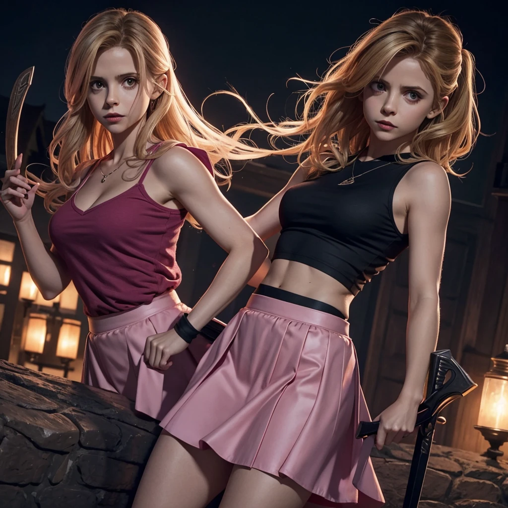 Buffy the vampire slayer in a pink skirt on top of a vampire