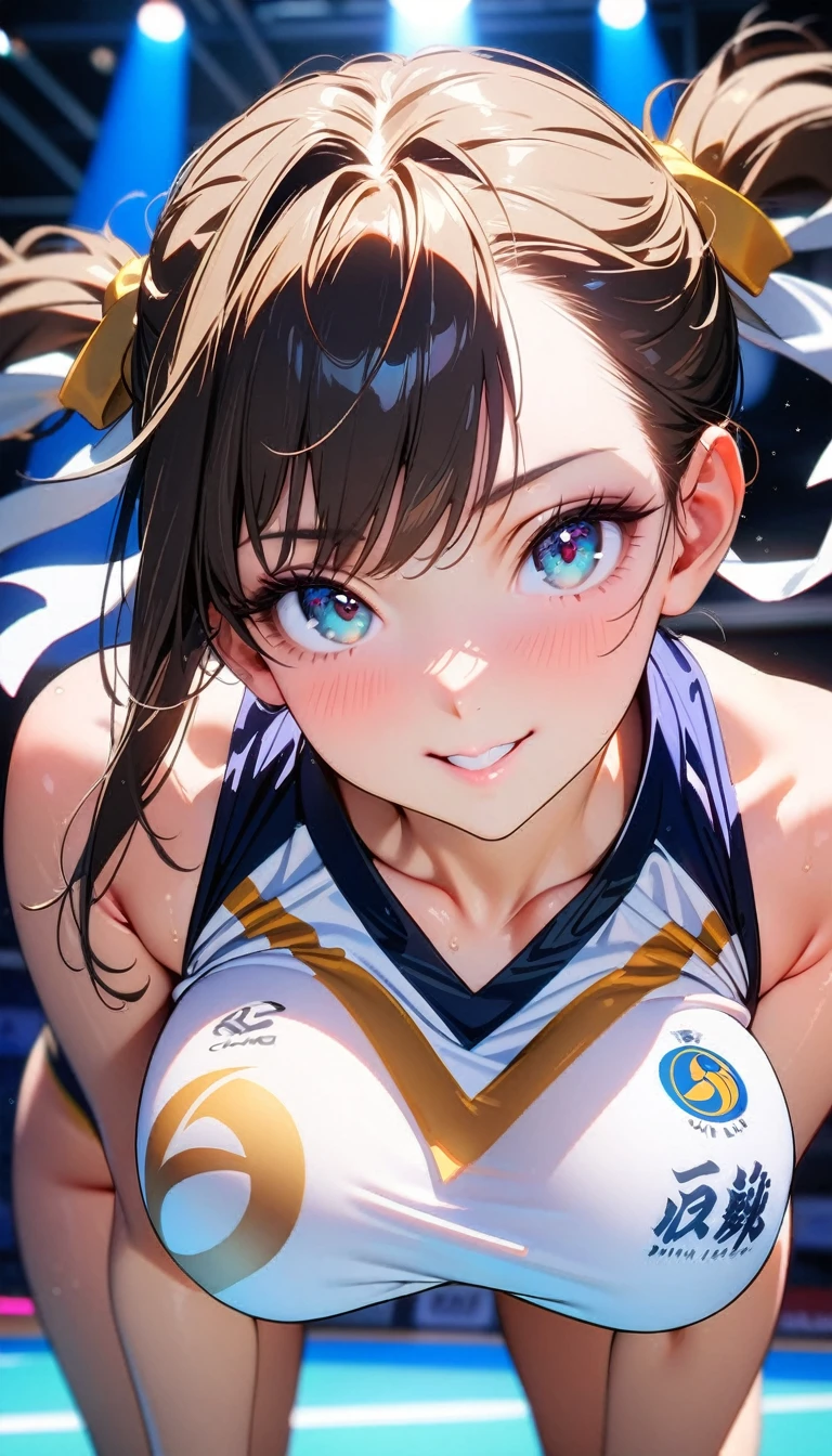 (8k, masterpiece), high resolution, high quality (best quality), very detailed, chun-li, looking at you, seductive look, sexy smile, volleyball uniform, Upper part of the body, bent over, in a women's volleyball game, spectacular dynamic lighting, beautiful eyes, delicate face, detailed skin, detailed breasts, Eyes,Beautiful eyes