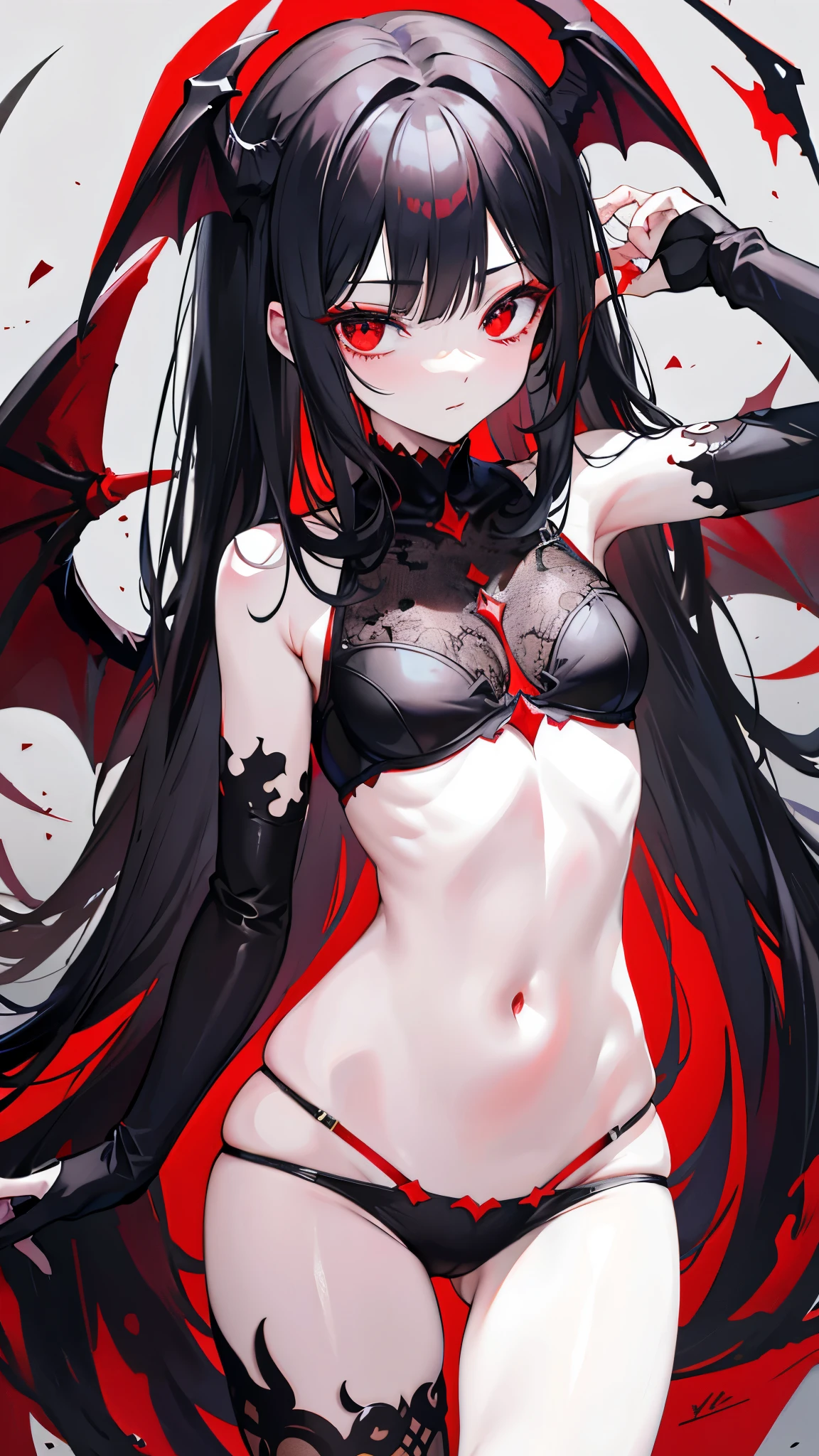 Dark style, black hair, white skin, red eyes, long hair, bangs,underwear,succubus