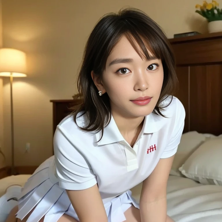 (Masterpiece, Best quality: 1.4), (Ultra realistic, Photo-realistic: 1.2), Full body, (kneeling: 1.3), Looking at viewer, Natural light, 28 years old actress, Japanese women, (arms behind back: 1.2), Neat and clean, ((Wearing white tennis uniform, White polo shirt with collar, Not buttoning the polo shirt, White pleated tennis skirt: 1.2)), (ponytail: 1.2), Light brown hair color, (Beautiful Face), Oval face, clear, (Beautiful eyes, Kind eyes), (Clear skin), Small face, (Small mouth, Beautiful mouth), Natural makeup, Approachable, Hotel Suite room,On bed, Seductive smile, Seductive pose, Beautiful thighs, Bedroom eyes, spread legs,