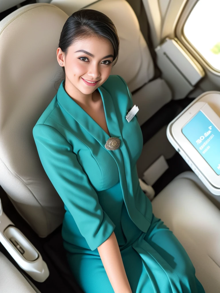 1girl, solo, 19 years old, in the middle of a large airport, seductive pose, thick medium breasts, semi-curvy body, smooth realistic skin, cute little smirk, wearing flight attendant uniform, looking at the audience, (overhead shot:1.3), (zoom-out:1.4), (8k, RAW photo, best quality, masterpiece: 1.4), (realistic, realistic: 1.37), ultra-high resolution, cowboy shot