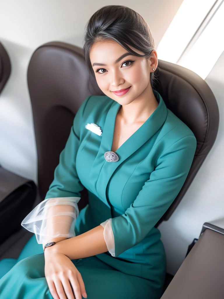 1girl, solo, 19 years old, in the middle of a large airport, seductive pose, thick medium breasts, semi-curvy body, smooth realistic skin, cute little smirk, wearing flight attendant uniform, looking at the audience, (overhead shot:1.3), (zoom-out:1.4), (8k, RAW photo, best quality, masterpiece: 1.4), (realistic, realistic: 1.37), ultra-high resolution, cowboy shot