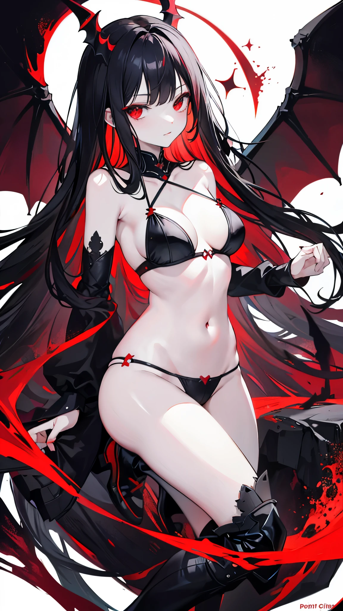 Dark style, black hair, white skin, red eyes, long hair, bangs,underwear,succubus
