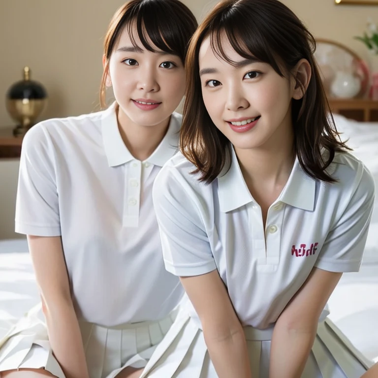 (Masterpiece, Best quality: 1.4), (Ultra realistic, Photo-realistic: 1.2), Full body, (kneeling: 1.3), Looking at viewer, Natural light, 28 years old actress, Japanese women, (arms behind back: 1.2), Neat and clean, ((Wearing white tennis uniform, White polo shirt with collar, Not buttoning the polo shirt, White pleated tennis skirt: 1.2)), (ponytail: 1.2), Light brown hair color, (Beautiful Face), Oval face, clear, (Beautiful eyes, Kind eyes), (Clear skin), Small face, (Small mouth, Beautiful mouth), Natural makeup, Approachable, Hotel Suite room,On bed, Seductive smile, Seductive pose, Beautiful thighs, Bedroom eyes, spread legs,