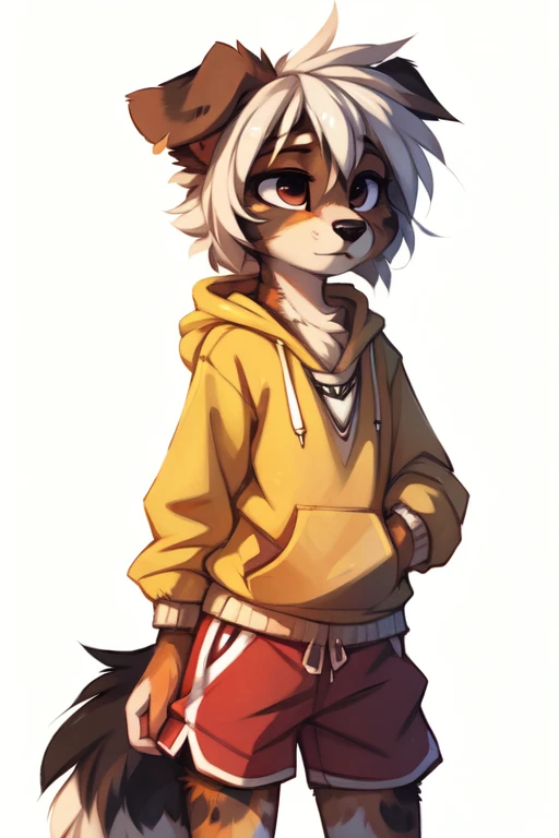 (((White background, no background))), High quality, 8K, by kenket, by swaybat, by reysi, by Zackary911, by hyattlen, by teranen, by fumiko, by Pixelsketcher, by Bayard Wu, by Einshelm, by Kilinah, by Hioshiru, by fluff-kevlar, by Dimwitdog, Furry, Anthro, solo, ((australian shepard)), ((female)), ((young)), fluffy tail, slender, ((short white hair)), chest fluff, short, small breasts, hoodie, track shorts, bored, uninterested, university,