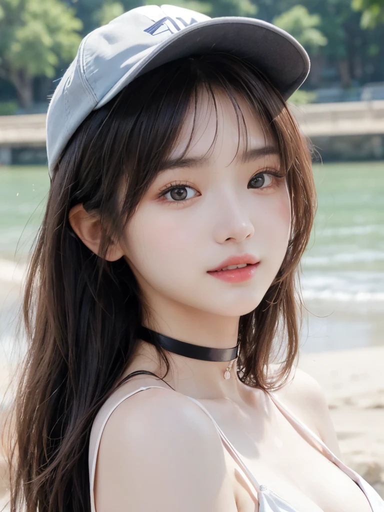 ((masterpiece: 1.3),8k, Realistic, RAW Photos, Highest quality: 1.4),whole body、 (One Girl), beautiful顔, (Realistic Face), (Brown long hair: 1.3), bangs, Perfect dynamic composition,(High quality with attention to detail, Realistic depiction of eyes:1.3)、(((full body shot, Full Body、Light purple bikini、White Baseball Cap、Black choker、Seaside)))、 profile、21talent、beauty、Well-formed face、Make the eyes even、Banditium Build、Balanced ratio、beautiful足、Fresh face、beautiful景色、beautifulヘアスタイル, (bangs), (smile), smile, Realistic eyes, Gloss, highlight, highlight in the Eyes, eyelash, 目の中のbeautifulディテール, (Realistic Skin), Shooting from the air、beautiful肌, Transparency、(beautiful)、 smile, teeth, Confused, charm, 超High resolution, Ultra-realistic, High resolution, Golden Ratio, clear eyes, Wet, Looking into the camera, ear, Shine, Long neck, double eyelid, Thin eyebrows、Big eyes, cheek, kind character, charm personality, kind, 圧倒的なcharm, bright personality